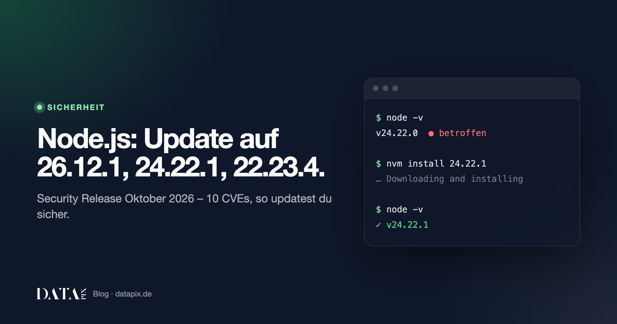 Node.js Sicherheitsupdate Oktober 2026: Terminal mit Versionsprüfung per node -v