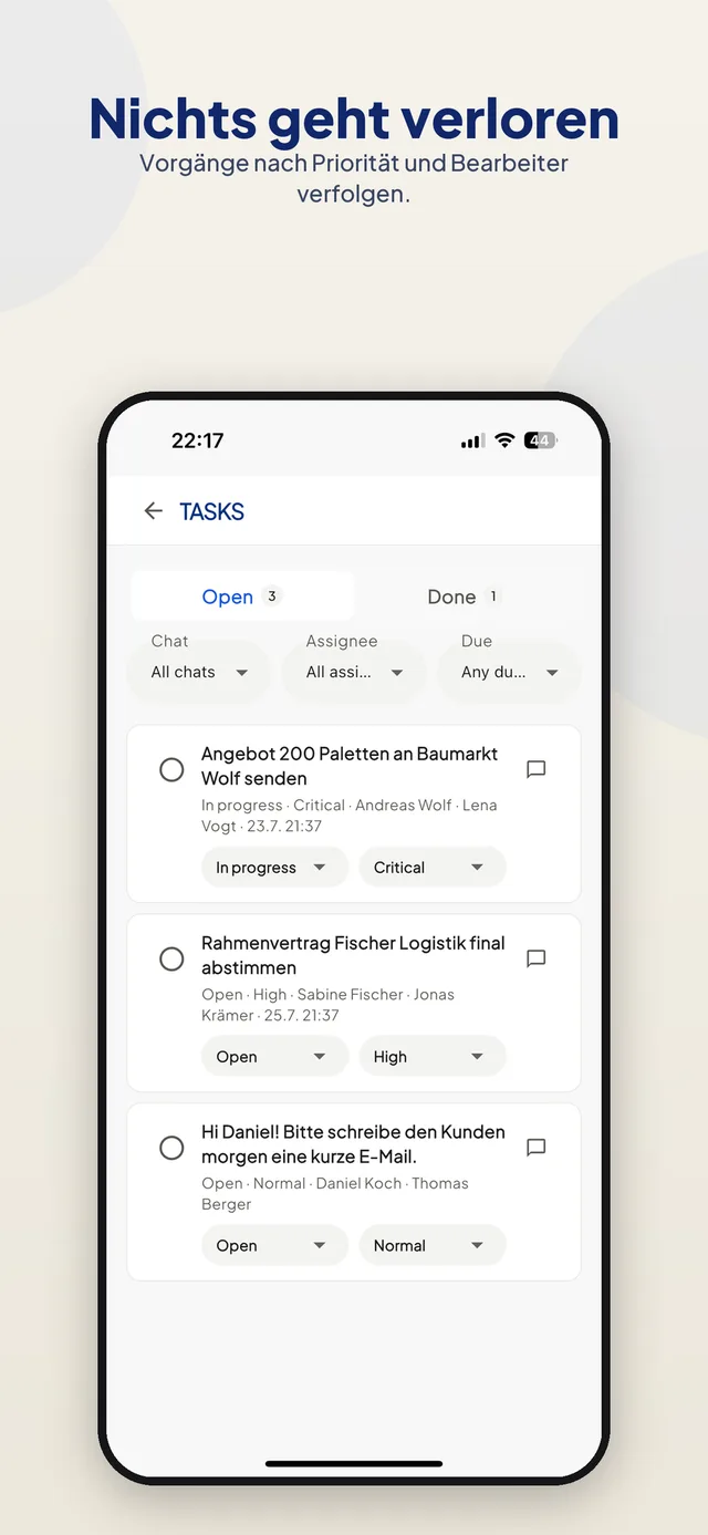 ReChat-App: Aufgaben nach Priorität und Bearbeiter