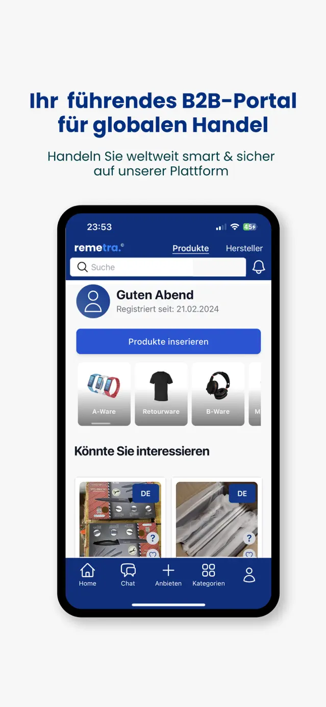 remetra-App: Startseite des B2B-Portals