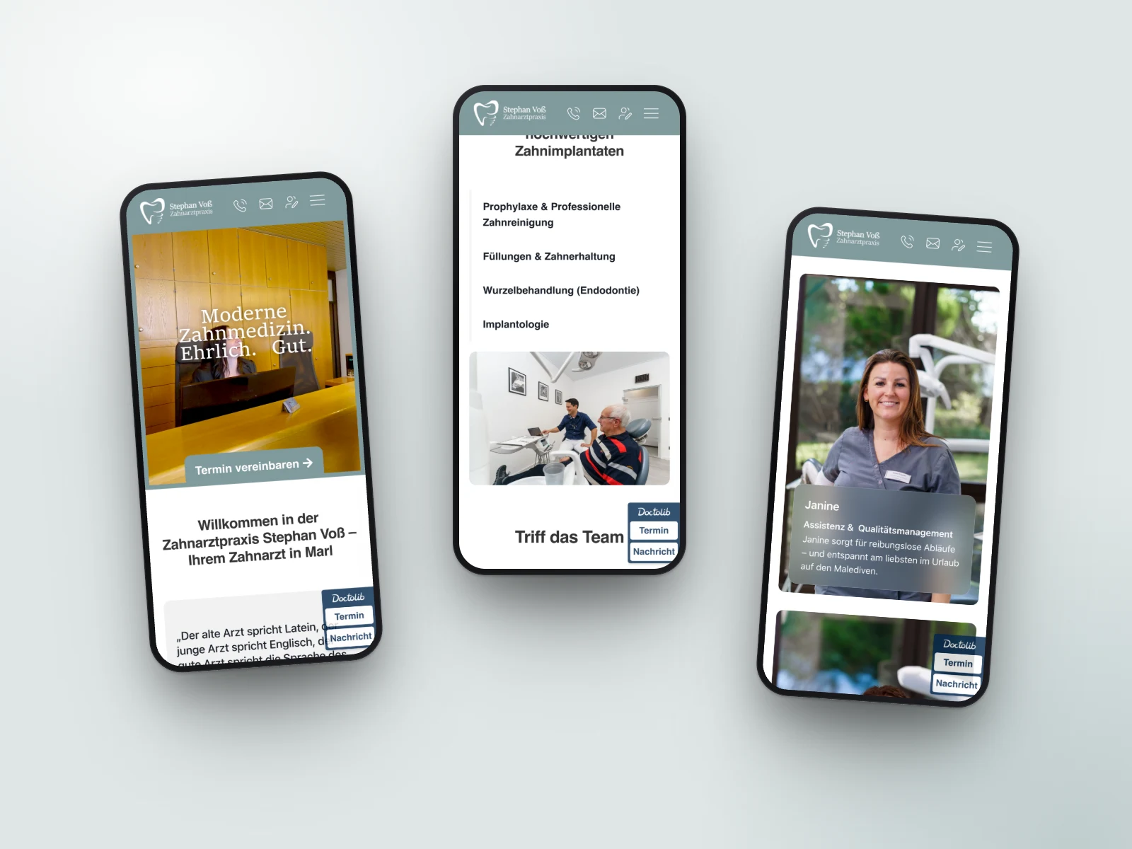 Website der Zahnarztpraxis Voß auf drei Smartphones