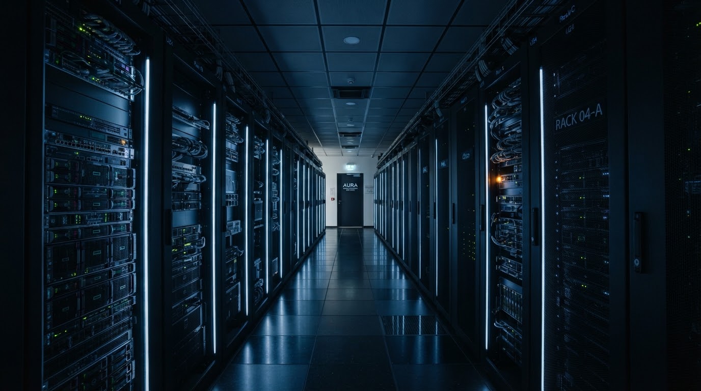 Serverraum mit beleuchteten Racks
