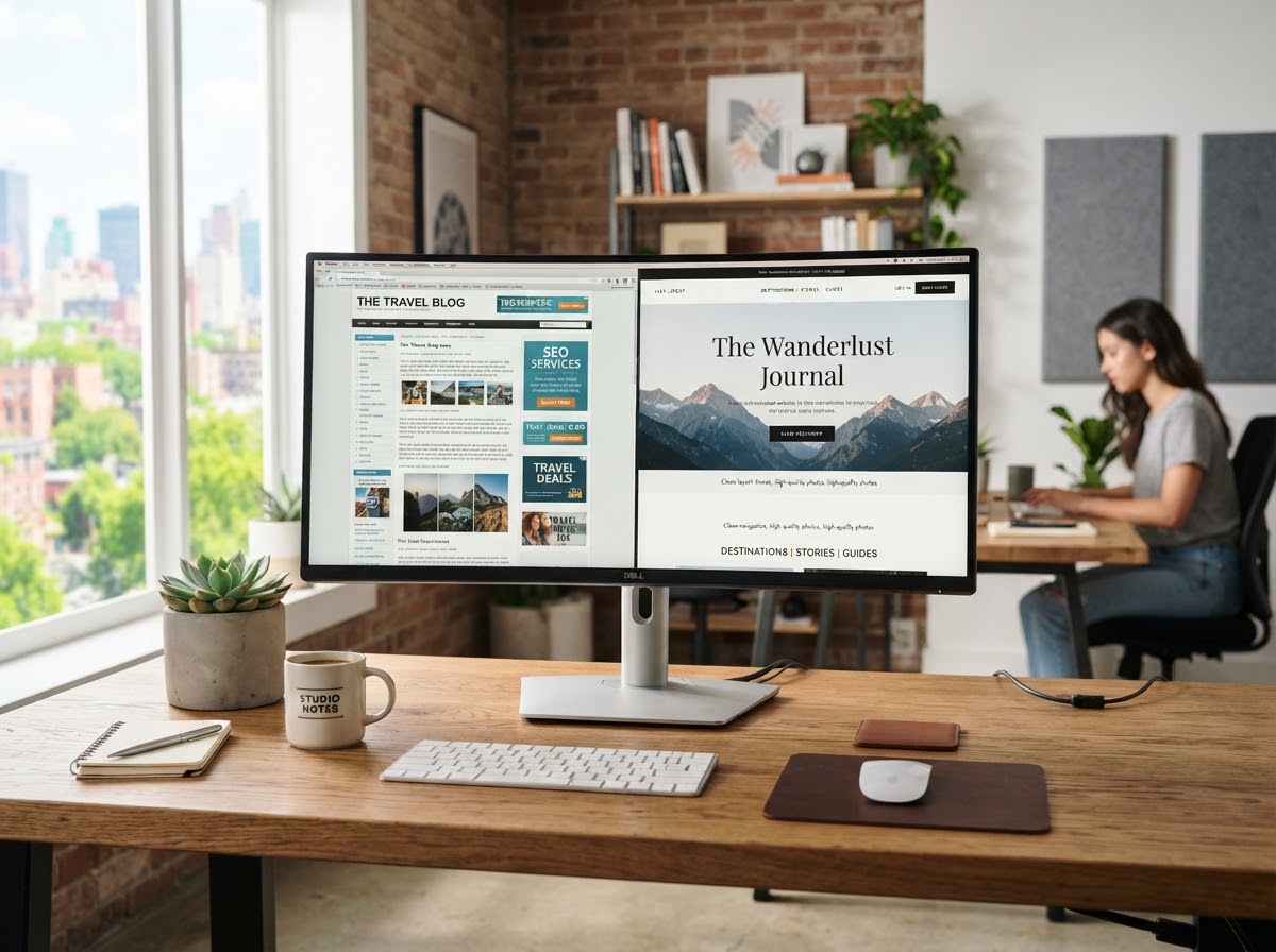 Website auf einem großen Monitor in einem hellen Büro