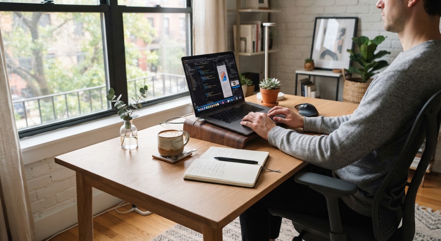 Heller Arbeitsplatz mit Laptop und Kaffee
