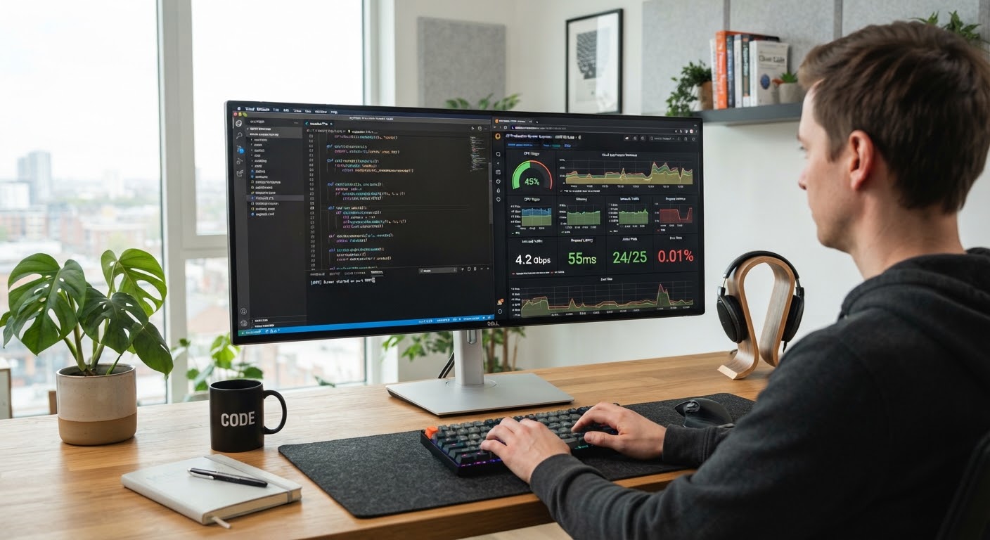 Entwickler vor einem Monitor mit Code und Live-Daten