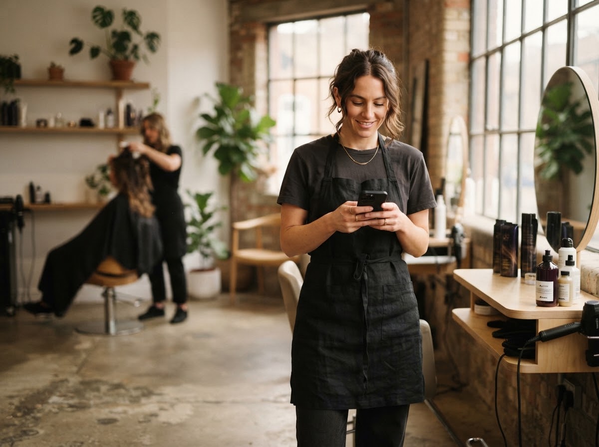 Friseurin prüft Online-Termine auf dem Smartphone