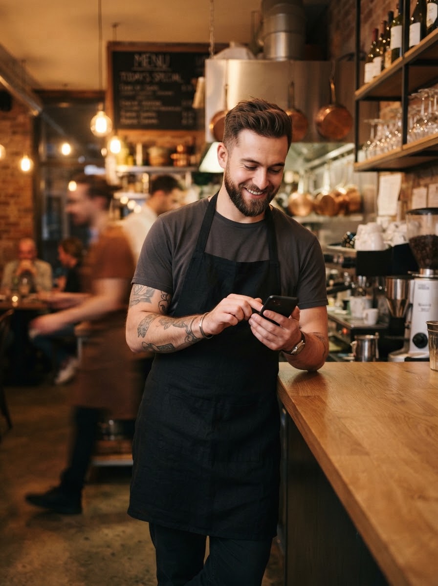 Barista mit Smartphone im Café