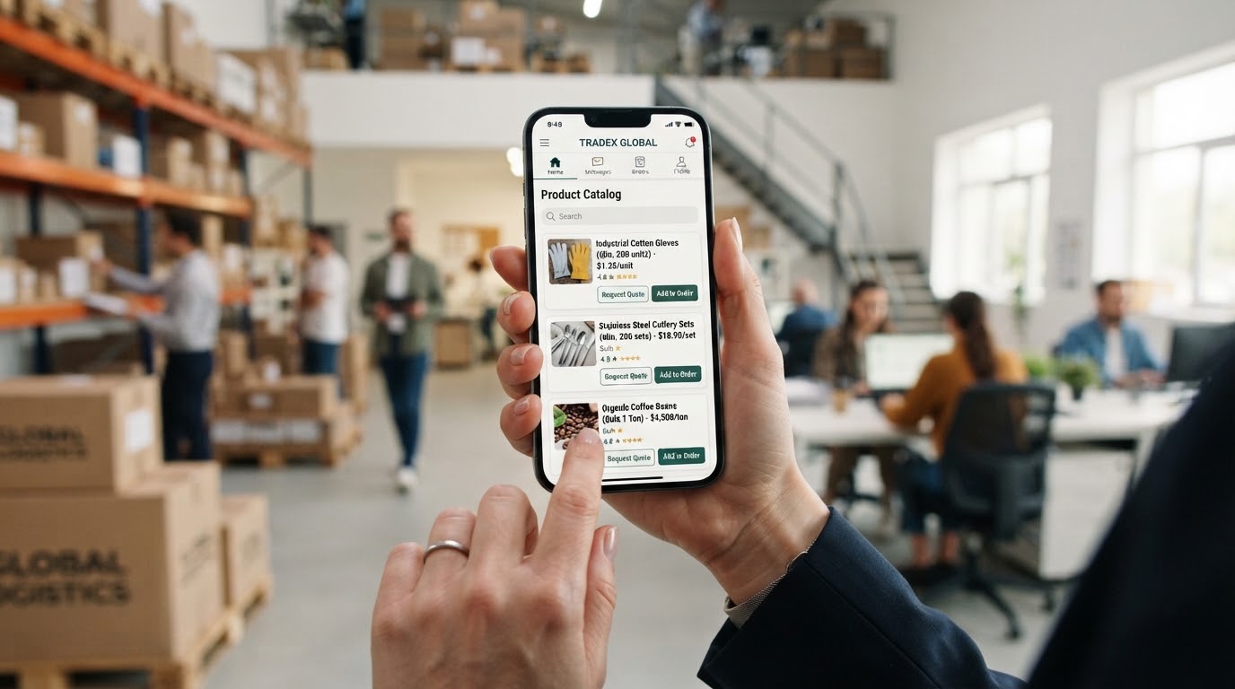 Hand hält Smartphone mit Produktkatalog in einem Lagerbüro