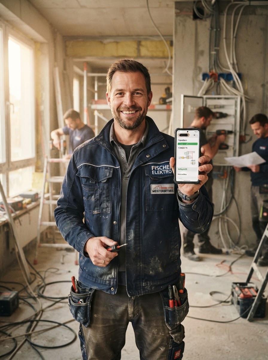 Handwerksmeister im Betrieb mit Smartphone in der Hand