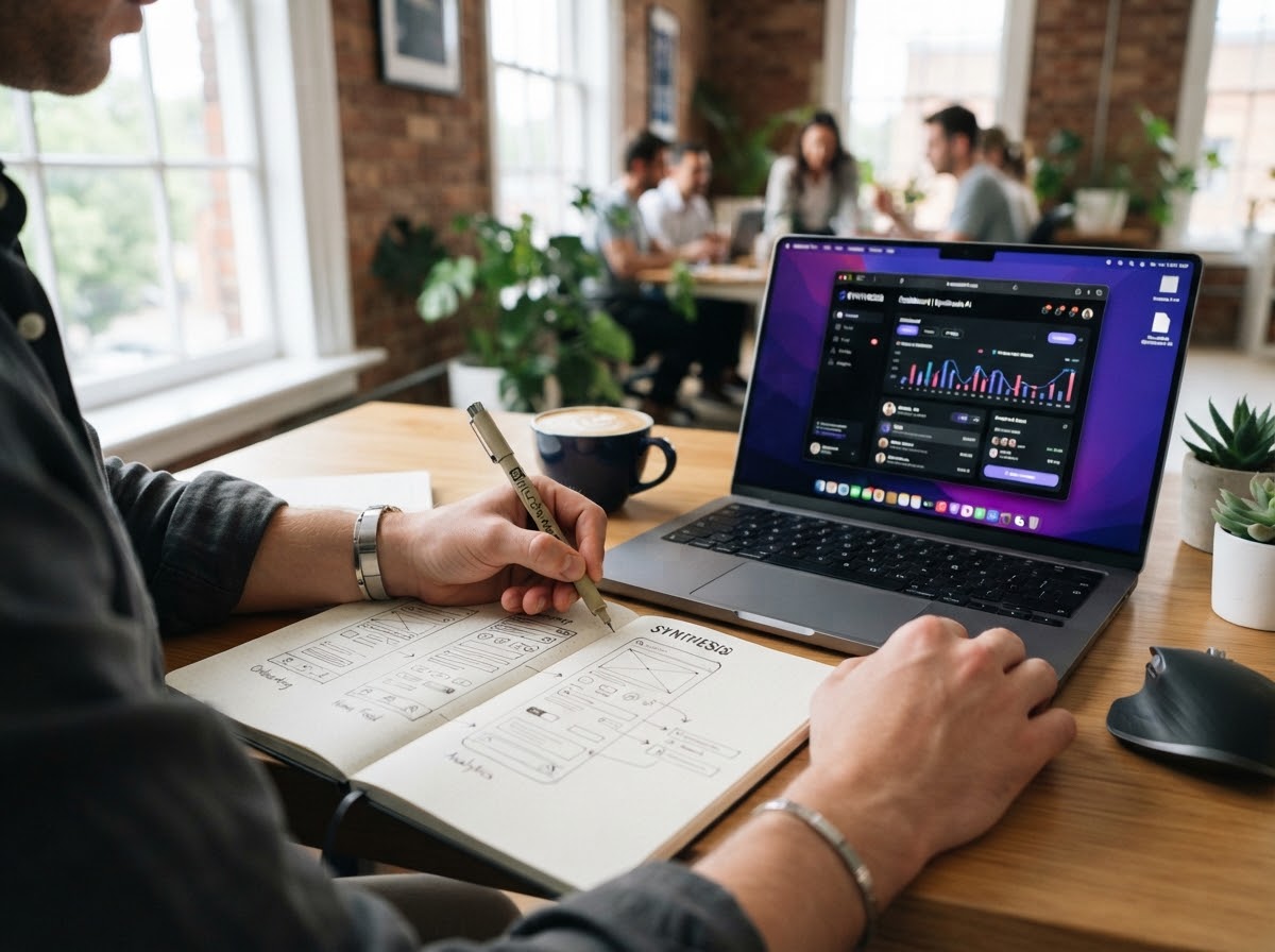 Gründer skizziert am Laptop mit Dashboard