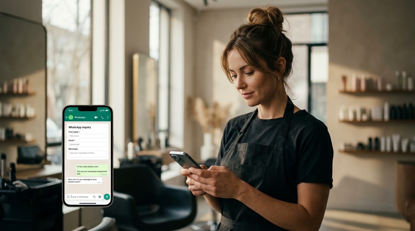 Friseurin im Salon liest eine WhatsApp-Anfrage auf dem Smartphone